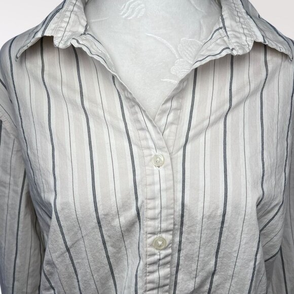 Vintage Dockers Button Up Shirt White Gray Striped 3/4 Sleeve Slim Fit XL - Picture 2 of 9